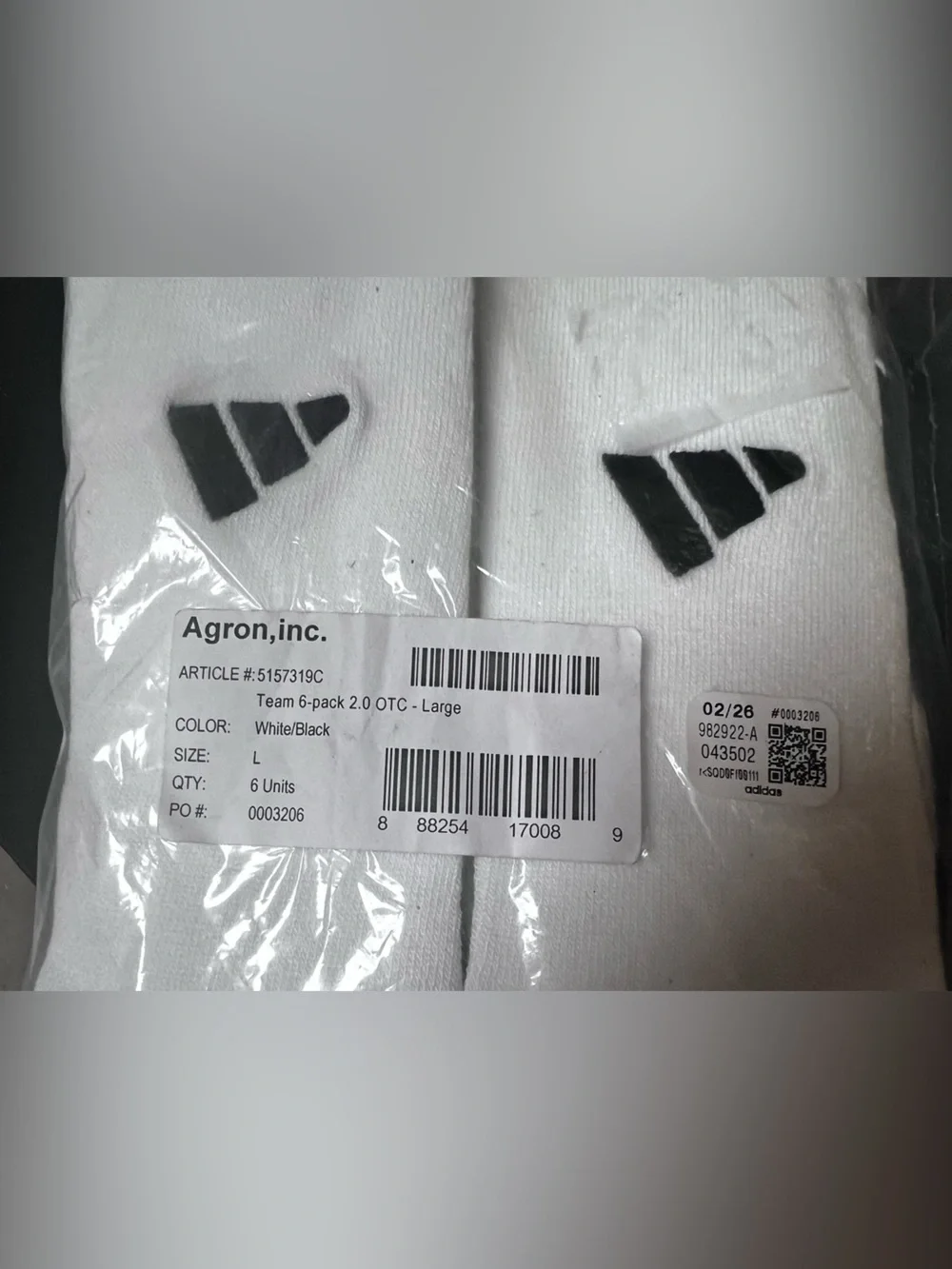 ADIDAS 6 PAIR PACK  2.0  OTC LARGE SOCKS.   WHITE/BLACK